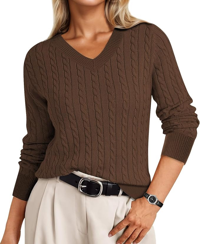 Cable Knit Sweater Women Soft V Neck Tops Long Sleeve Pullover Clothes Casual Trendy Outfits | Amazon (US)