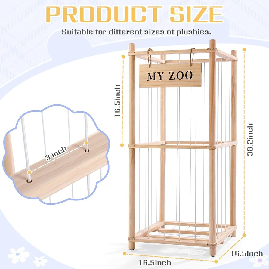 Stuffed Animal Storage Zoo, Wooden Stuffed Animal Organizer with Elastic Cords for Boys Girls, Space Saving Toy Plushies Storage Holder for Playroom, Bedroom, Living Room (Burlywood, Small) | Amazon (US)