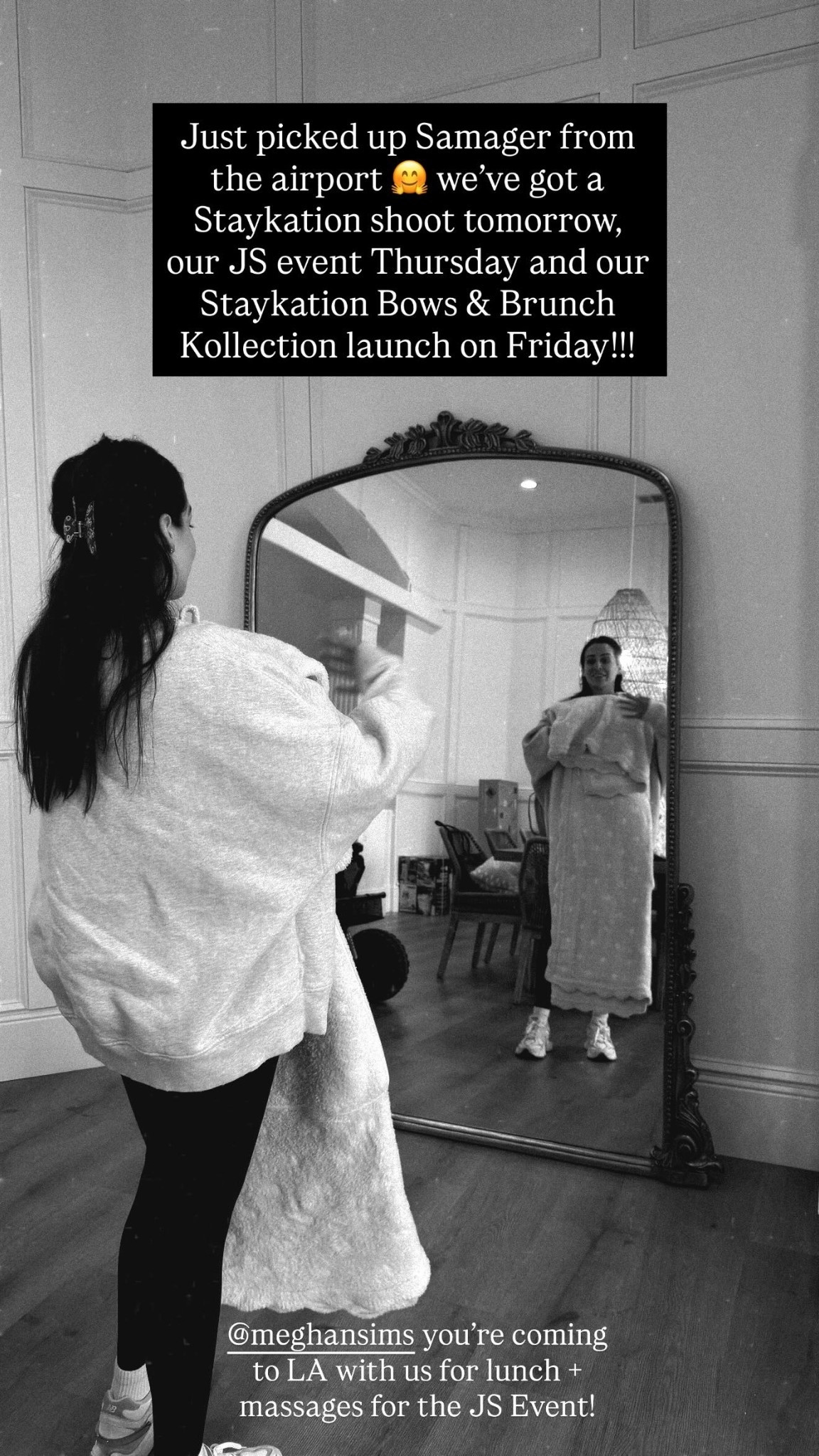 Just picked up Samager from the airport 🤗 we’ve got a Staykation shoot tomorrow, our JS event Thursday and our Staykation Bows & Brunch Kollection launch on Friday!!! @meghansims you’re coming to LA with us for lunch + massages for the JS Event!