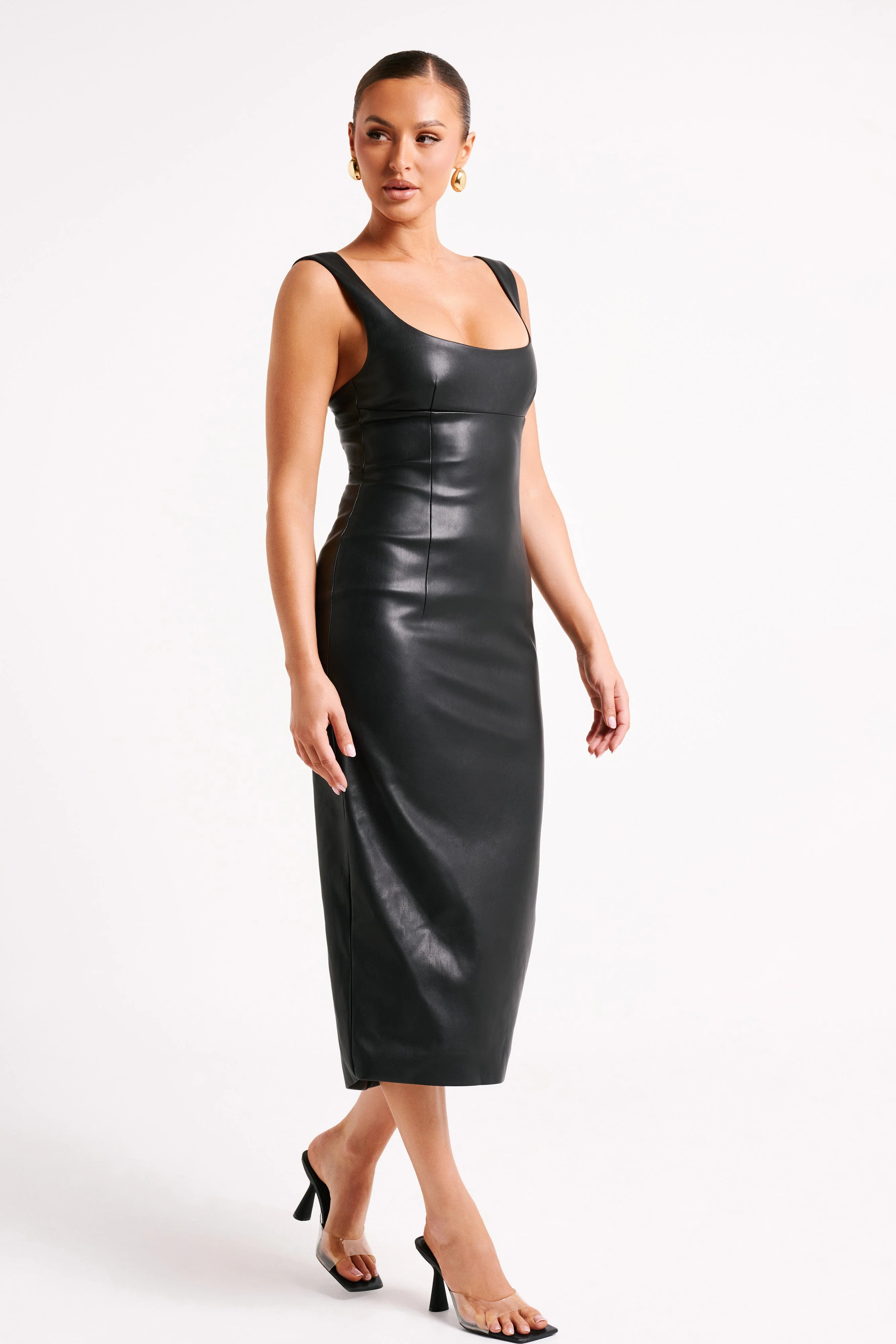 Cynthia Faux Leather Midi Dress - Black | MESHKI US