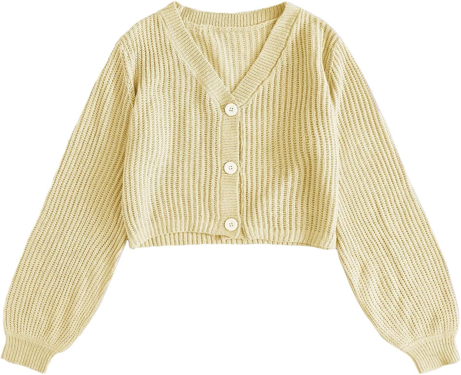 MakeMeChic Women's Solid V Neck Button Front Bishop Sleeve Cardigan Crop Top | Amazon (US)