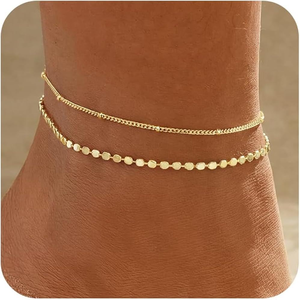 Gold Ankle Bracelets for women,14k Gold/Silver Plated Waterproof Layered lightweight Bow Beaded T... | Amazon (US)