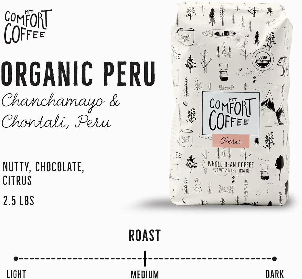 Mt. Comfort Coffee Organic Peru Medium Roast, 2.5 Pounds - Flavor Notes of Nutty, Chocolate, & Ci... | Amazon (US)