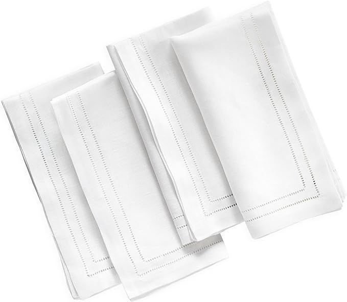 O'lucio Double Hemstitched Linen Dinner Napkins - White Set of 4, 20 x 20 inch - Linen Cloth Napk... | Amazon (US)