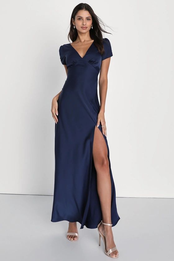 Epitome of Romance Navy Blue Satin Puff Sleeve Maxi Dress | Lulus (US)