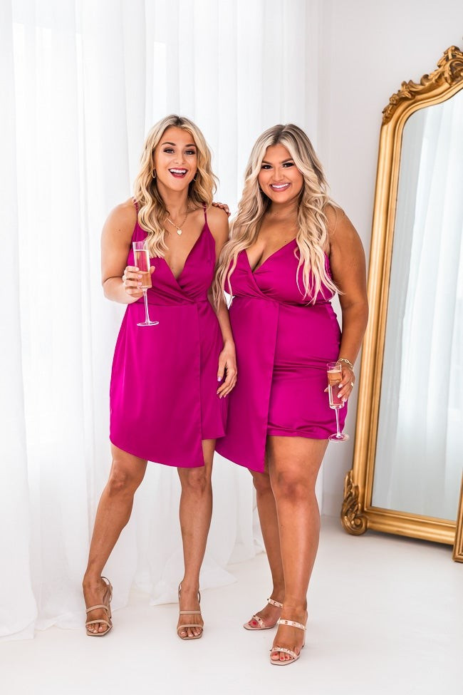 Whimsical Nights Magenta Satin Asymmetrical Hem Mini Dress | The Pink Lily Boutique