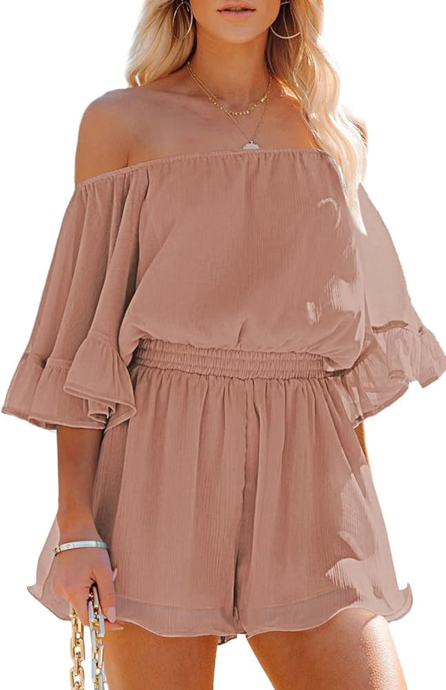 Fixmatti Women Boho Summer Romper Casual Floral Print Off Shoulder Strapless Shorts Jumpsuits | Amazon (US)