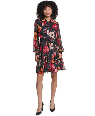 Women's Printed Grid Chiffon Shirtdress | Macy's