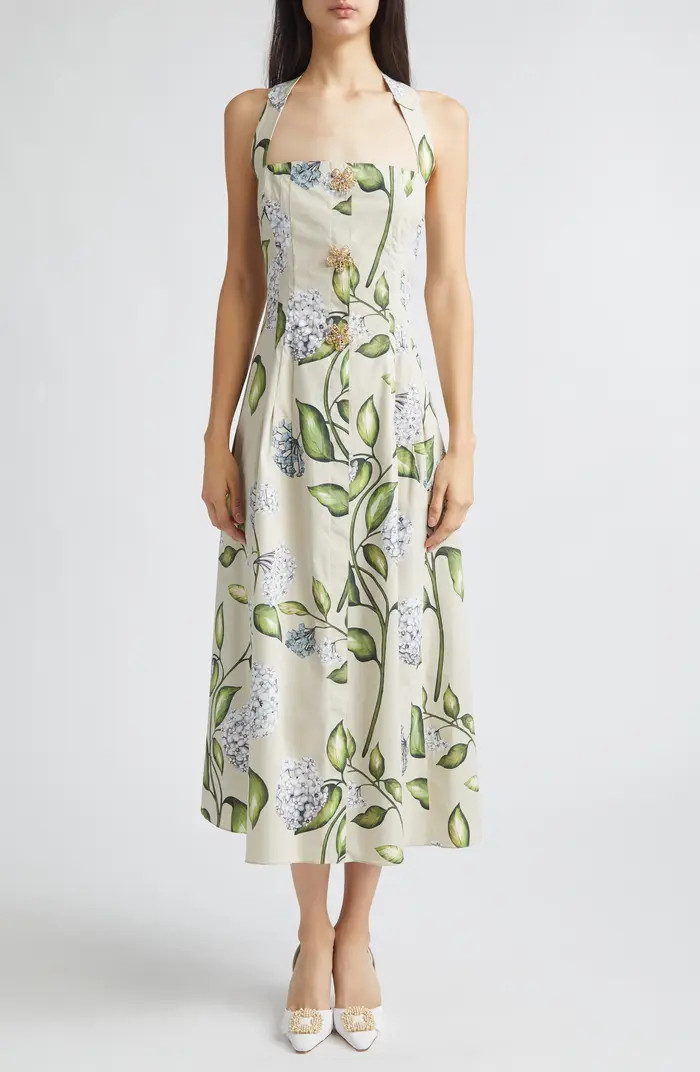 Porcelain Flowers Stretch Cotton Poplin Halter Neck Dress | Nordstrom