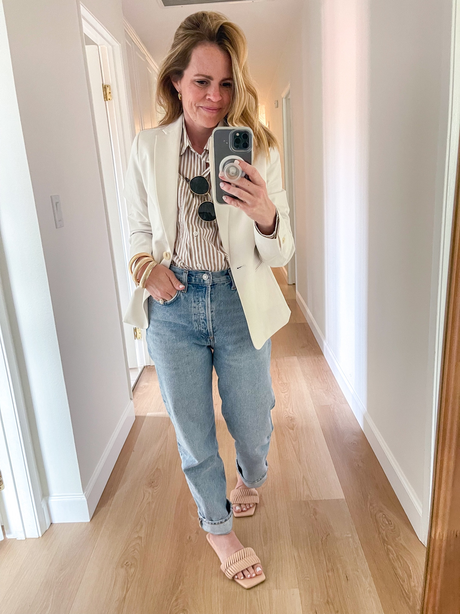 Chic, simple outfit you can wear to woe, wear to lunch, wear to a conference… so many options!! 

I went down a size in the denim. They don’t have a ton of stretch and hold their shape really well throughout the day. They are the perfect length for a shorter gal, I am 5’3 1/2 and can wear them cuffed or uncuffed. 

The shirt is oversized, so size down for a more fitted look. 

I’m in a size small in the blazer. It’s not an oversized fit. 

Aerie 
Agolde 
Nordstrom 
Target 
Amazon 
What to wear to work 
What to wear to a meeting 
Spring outfit 
Mom over 40

Sandals are TTS 

#LTKstyletip #LTKover40 #LTKworkwear
