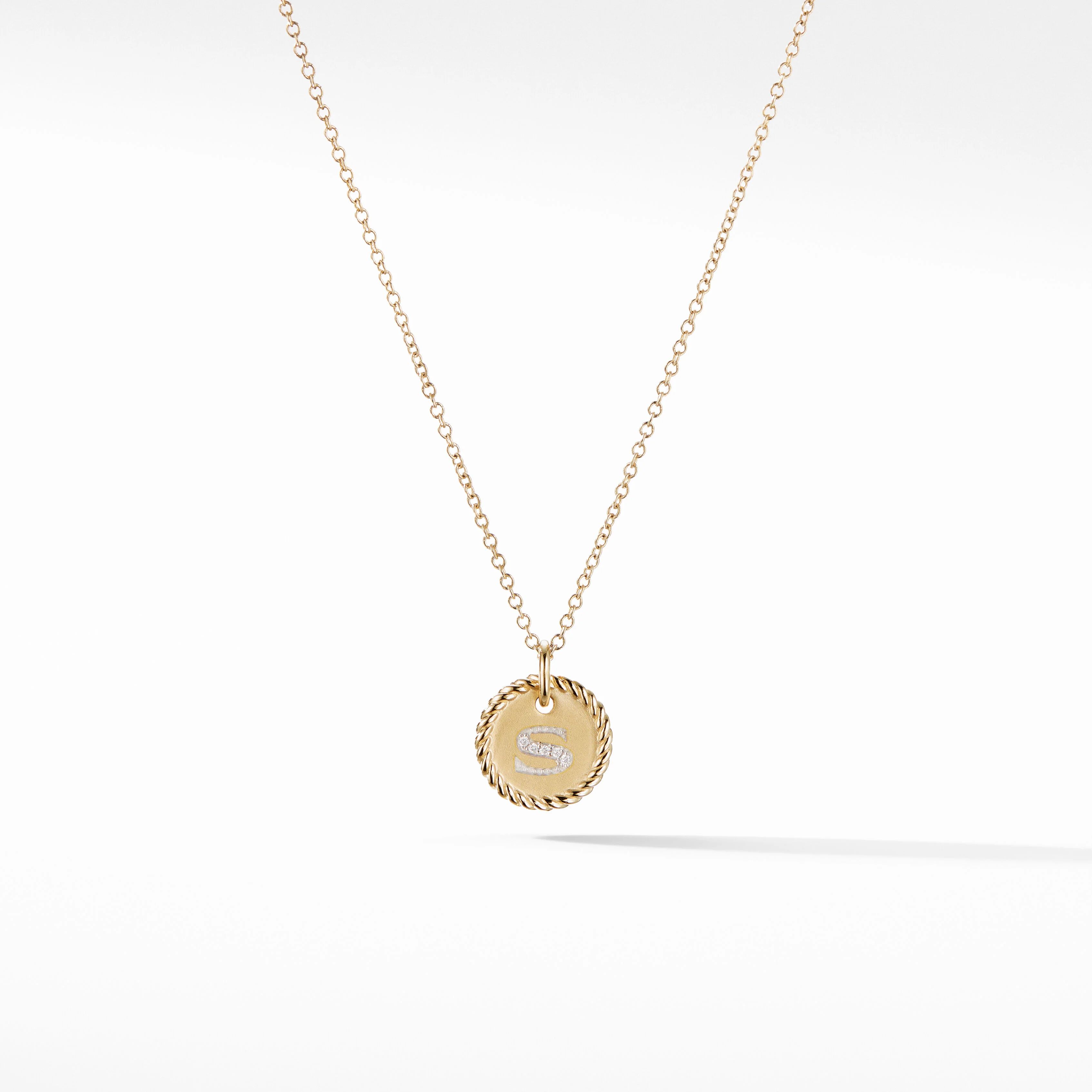 S Initial Charm Necklace in 18K Yellow Gold with Pavé Diamonds | David Yurman