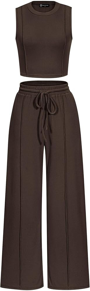 PRETTYGARDEN Women's Summer 2 Piece Loungewear Set Cropped Tank Top Wide Leg Sweatpants Tracksuit... | Amazon (US)