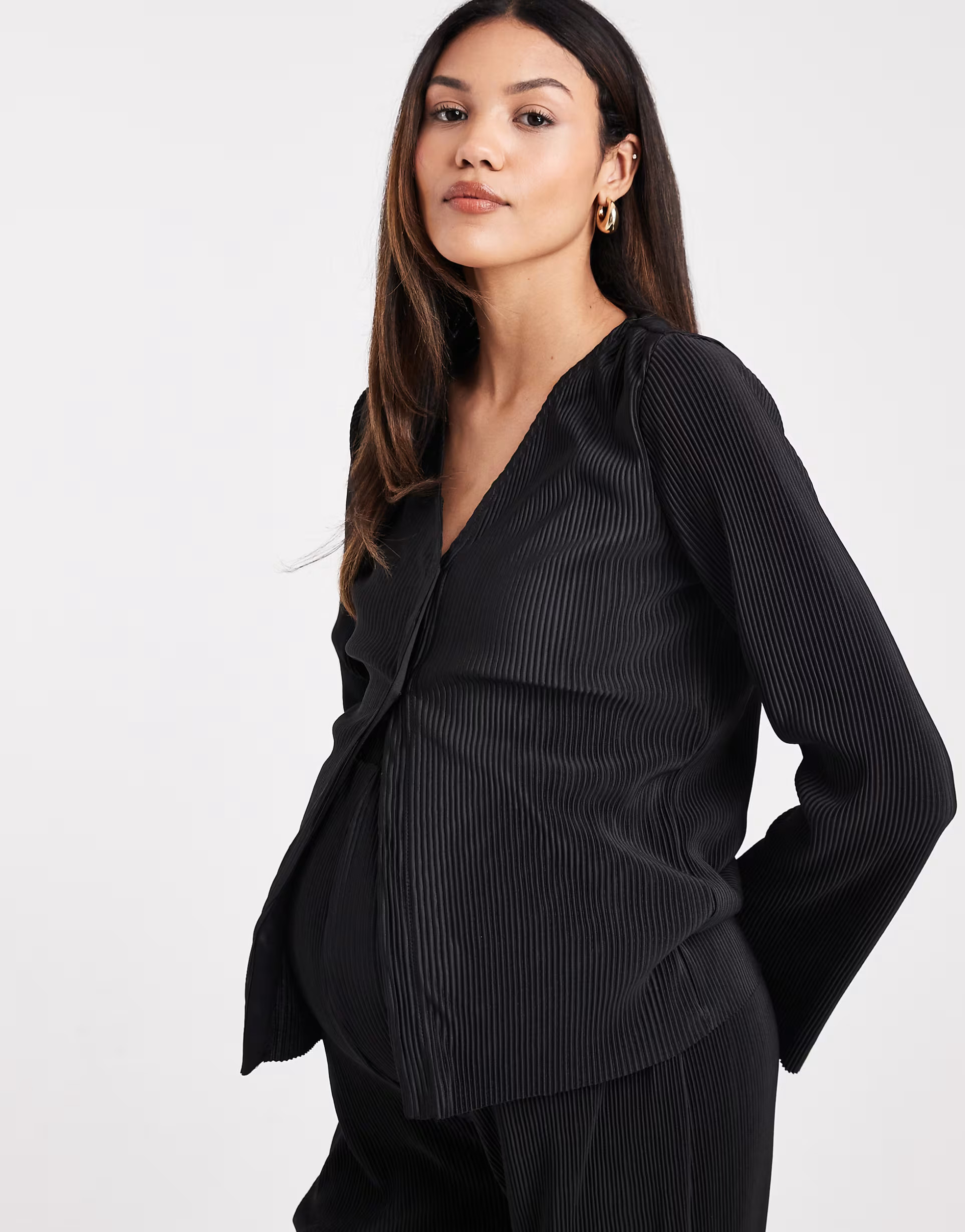 Mamalicious Maternity plisse long sleeve top and pants set in black | ASOS | ASOS (Global)