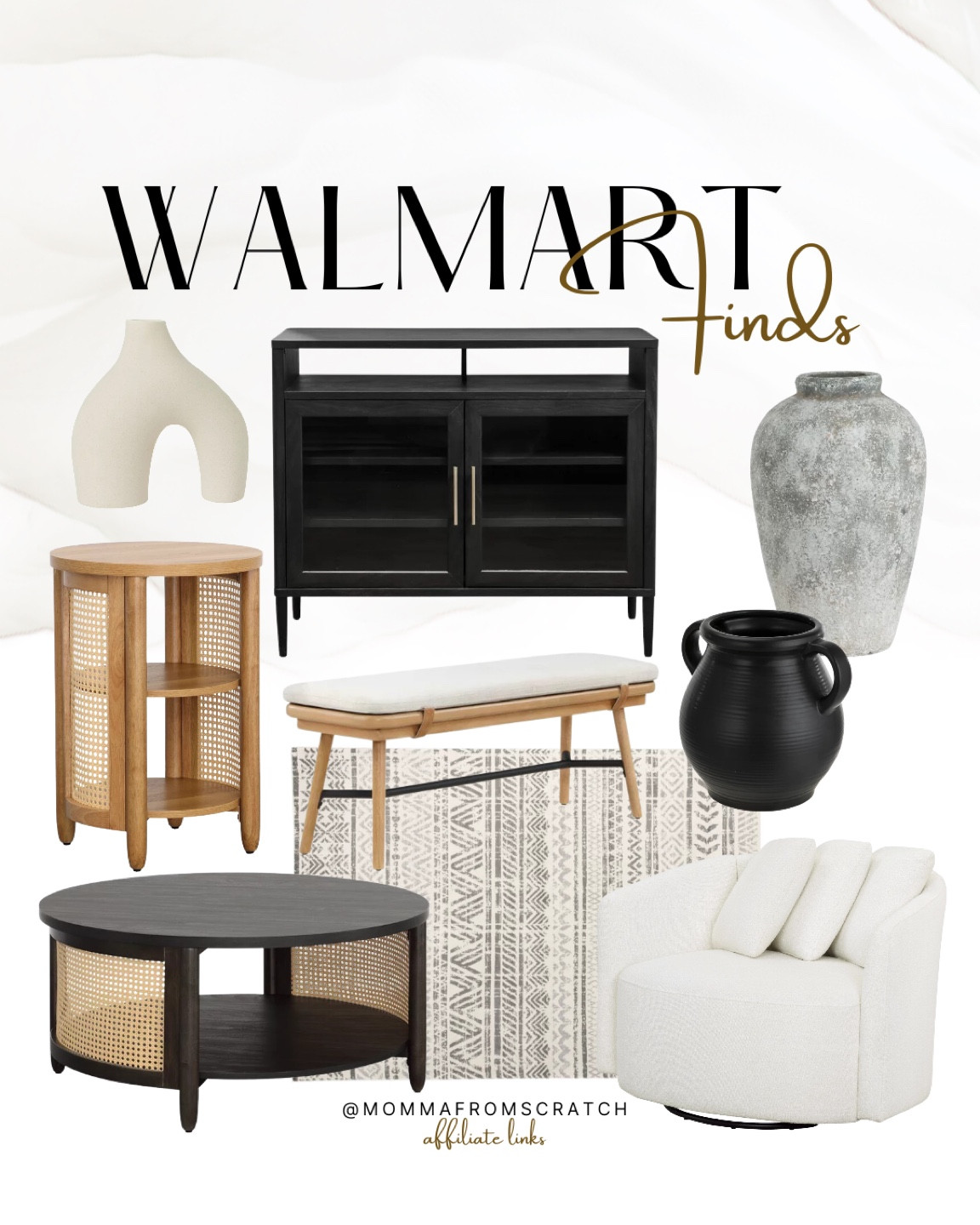 Walmart home decor, round tattoo coffee table, side cane table, cane furniture, rattan furniture, upholstered bench, wood table, vase, black cabinet, better homes and garden furniture, swivel chair. 

#LTKFind #LTKhome #LTKstyletip