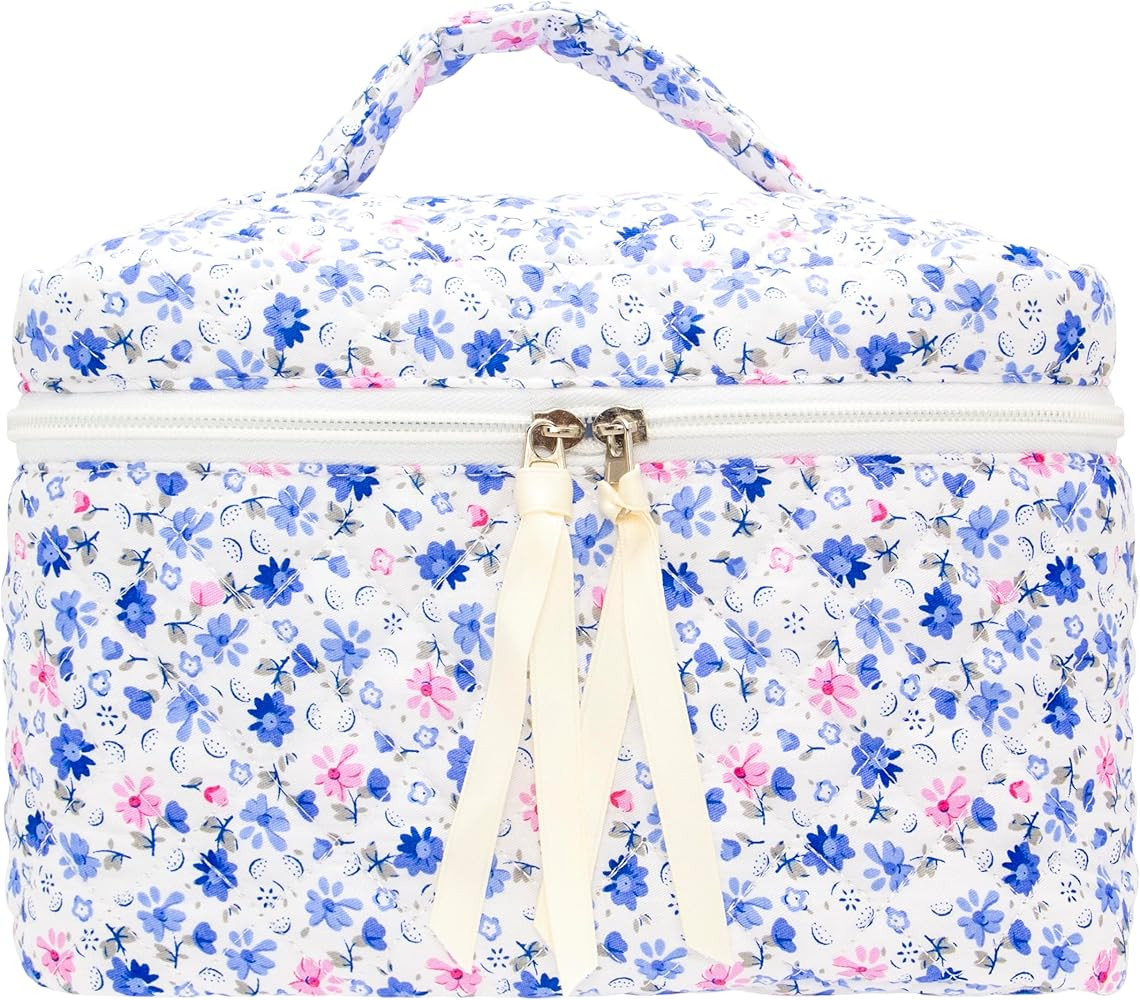PAZIMIIK Quilted Makeup Bag Large Travel Zipper Soft Cosmetic Case for Women Girls Make Up,Floral... | Amazon (US)