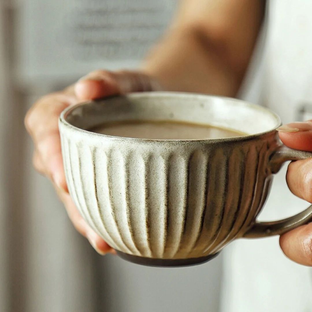 Retro Rough Pottery Ceramic Drinkware Water Tea Cup Pull Flower Latte Big Mouth Breakfast Dessert... | Etsy (US)