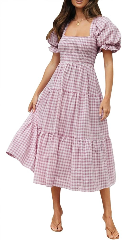 ZESICA Women's 2025 Bohemian Summer Plaid Square Neck Puff Sleeve Ruffle Flowy Beach Midi Dress | Amazon (US)