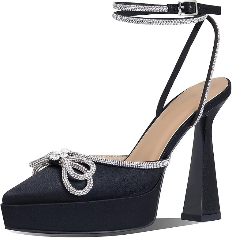 AMINUGAL Sandalias de tacón de plataforma con nudo de lazo y diamantes de imitación para mujer,... | Amazon (US)