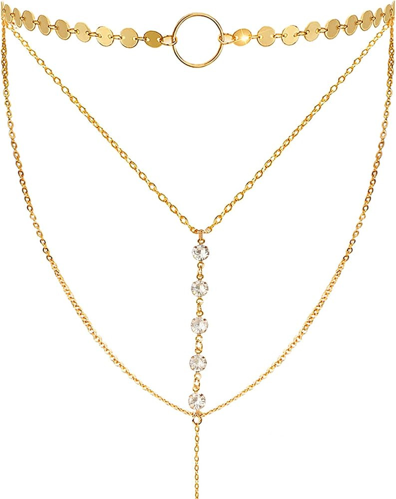 Suyi Stylish Layered Sequins Choker Necklace with Thin Long Chian Pendant for Women Lady | Amazon (US)