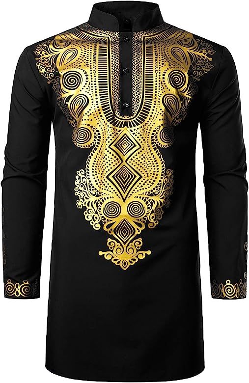 LucMatton Men's African Traditional Dashiki Luxury Metallic Gold Printed Mid Long Shirt Black X-L... | Amazon (US)
