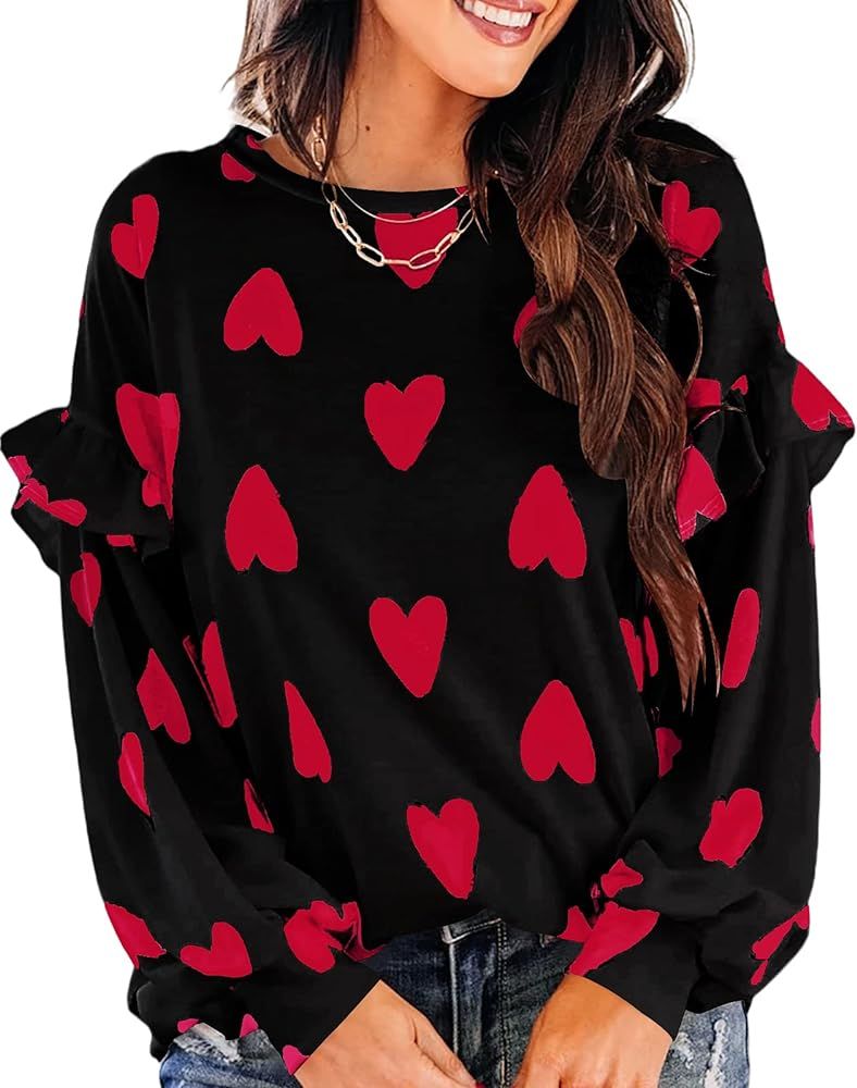 Ivay Womens Heart Printed Long Sleeve Tops Tee Shirts | Amazon (US)