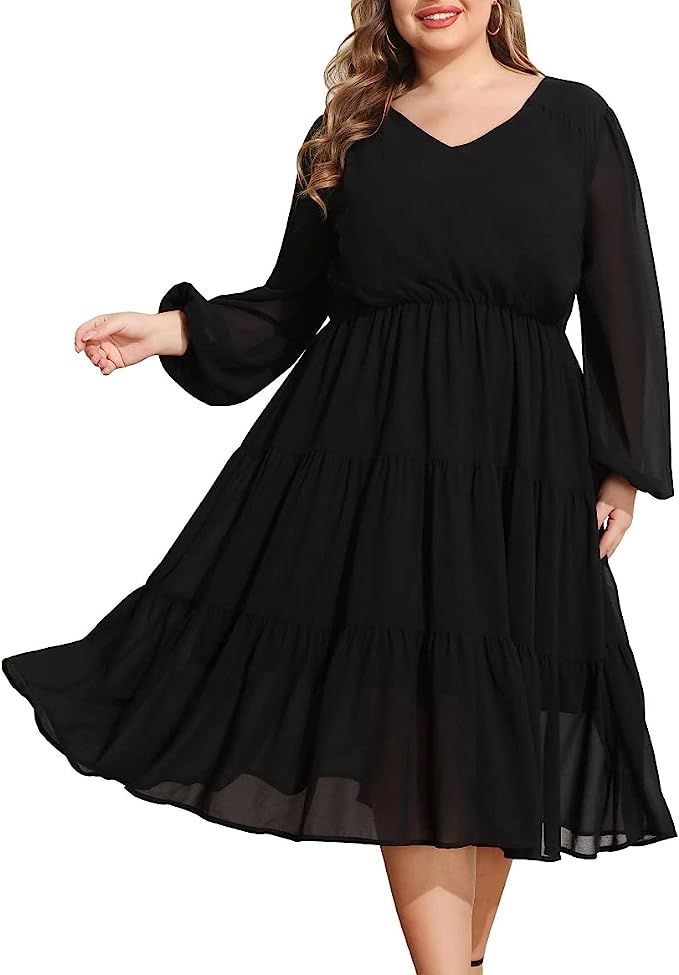 Hanna Nikole Womens Plus Size Puff Long Sleeve V Neck High Waist Chiffon Ruffle Tiered Midi Dress | Amazon (US)
