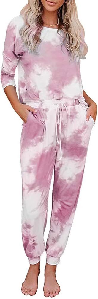 Womens Tie Dye Printed Pajamas Set Short/Long Sleeve Tops and Pants Joggers PJ Set Loungewear Sle... | Amazon (US)