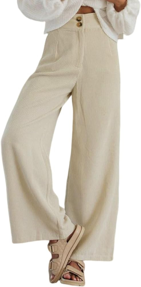 Sidefeel Corduroy Pants for Women 2025 Casual High Waisted Double Buttoned Stretchy Loose Fit Wid... | Amazon (US)
