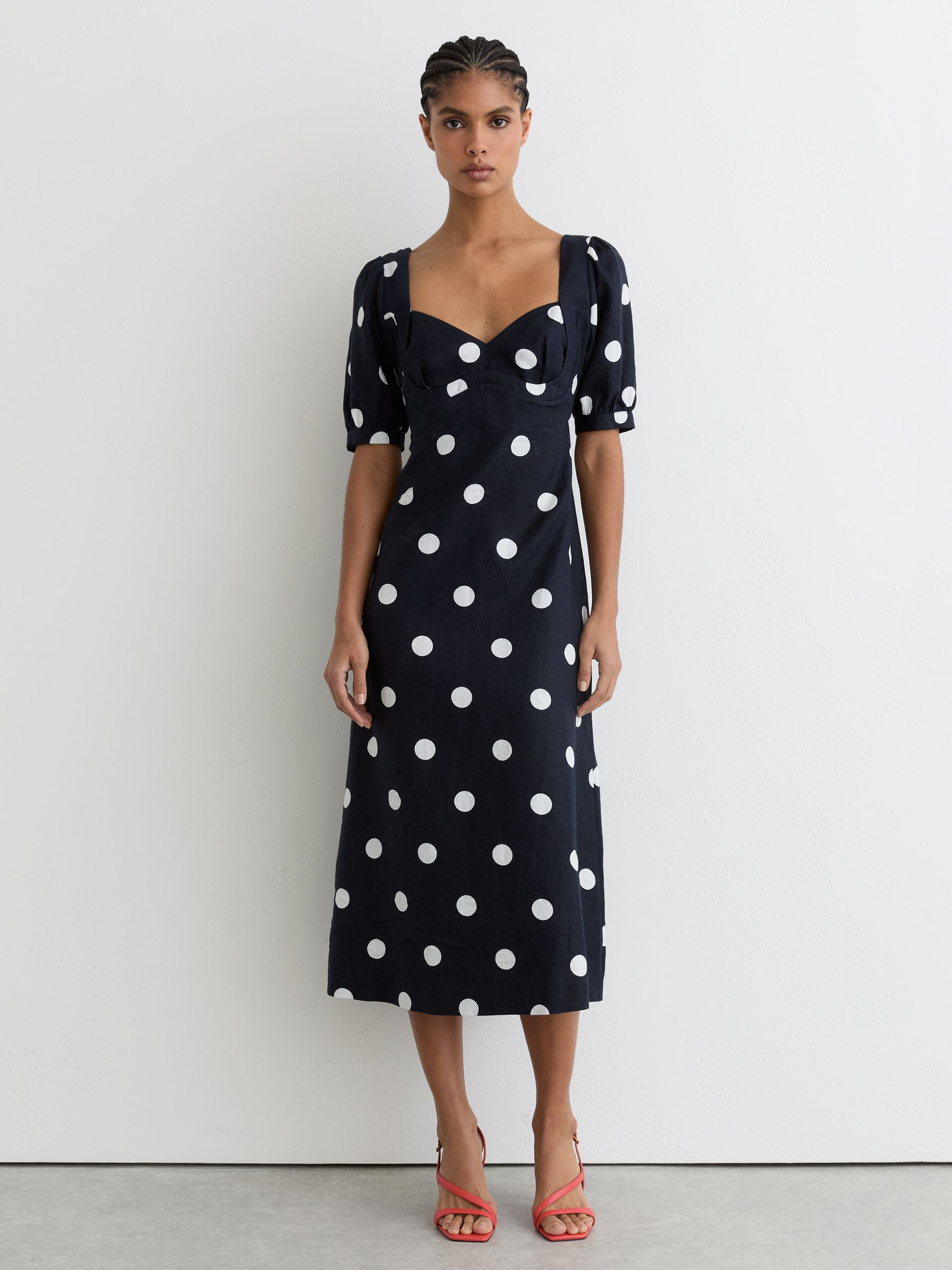 Reiss Linen Puff-Sleeve Polka-Dot Midi Dress in Navy/Ivory - REISS | Reiss UK