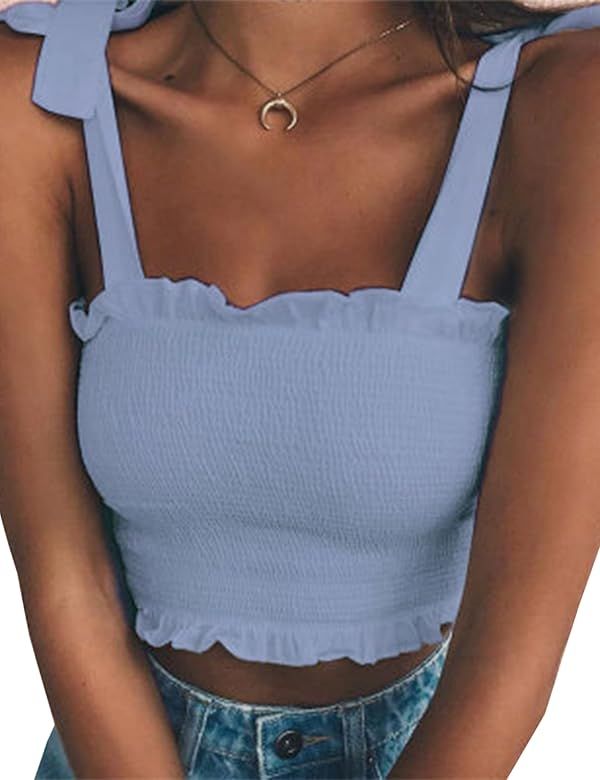 Women's Frill Smocked Crop Tank Top Tie Shoulder Strap Vest | Amazon (US)