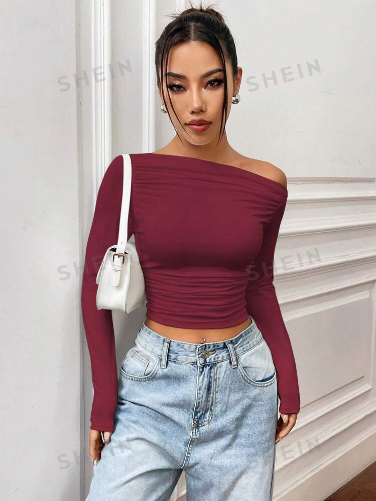 SHEIN ICON Women's Asymmetrical Collar Pleated Long Sleeve T-Shirt | SHEIN