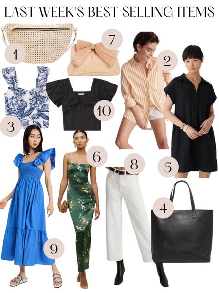Last weeks best sellers 🤍 

Madewell denim, tote bag, Abercrombie tops, Fanny pack, wedding guest dress 

#LTKstyletip #LTKSeasonal