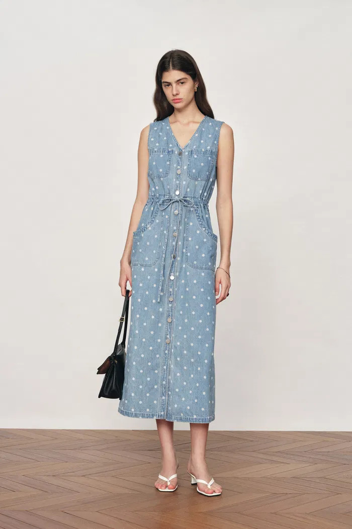 June Faded Polka-Dot Drawstring Waist Sleeveless Dress in Lightweight Cotton Denim - L | Fabrique