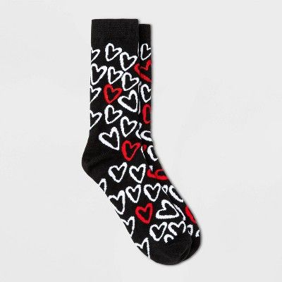 Women's Scribble Hearts Valentine's Day Crew Socks - Black 4-10 | Target