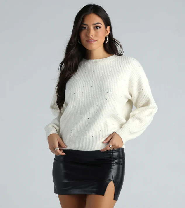 She Dazzles Long Sleeve Rhinestone Knit Sweater | Windsor Stores