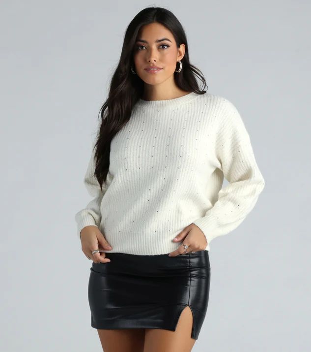 She Dazzles Long Sleeve Rhinestone Knit Sweater | Windsor Stores