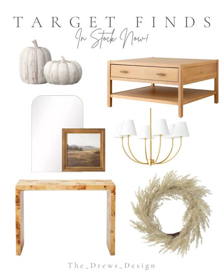 Target finds. Light wood coffee table with drawer, ceramic pumpkin, Burled wood console table, grass wreath, gold brass chandelier with shades, gold arched mirror, entryway mirror, vanity mirror, fall framed art 

#LTKfindsunder50 #LTKSeasonal #LTKhome