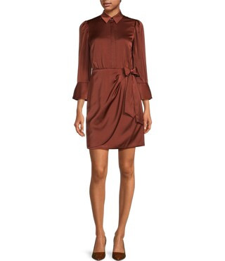 Vince Camuto 3/4 Sleeve Point Collar Faux Wrap Satin Shirt Dress | Dillard's | Dillard's