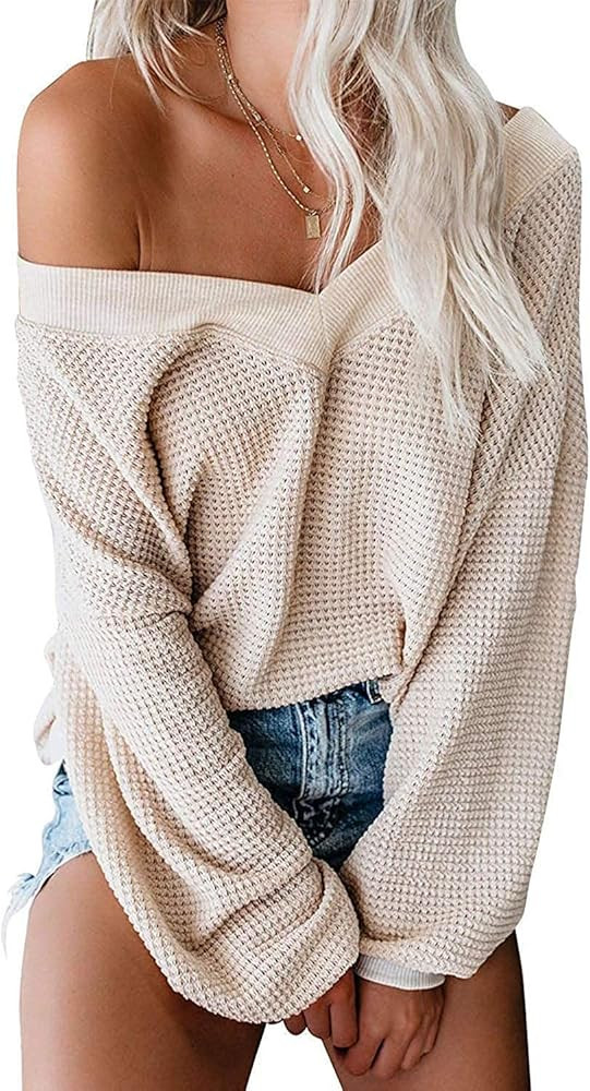 ReachMe Womens Oversized Off The Shoulder Tops Long Sleeve Waffle Knit Shirt V Neck Pullover Sweater | Amazon (US)