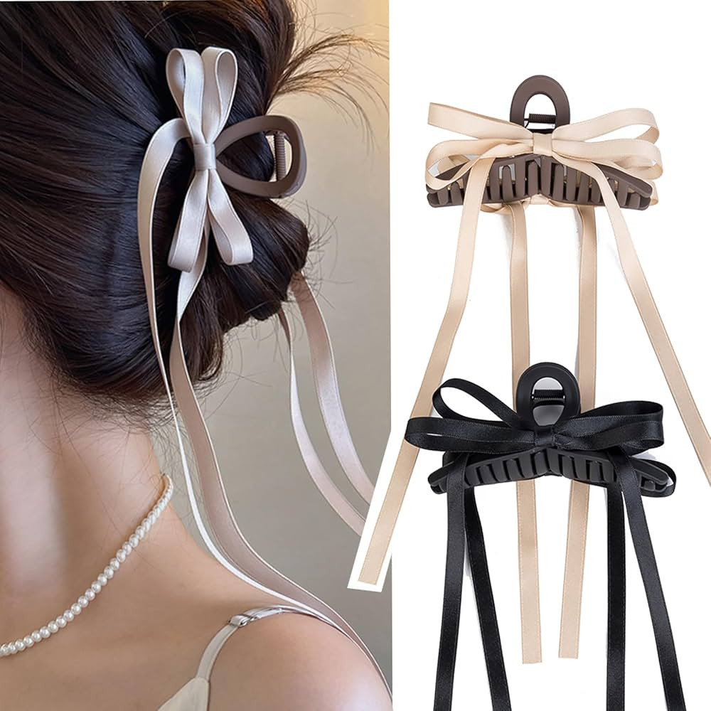 Agirlvct 2 Pack Bow Hair Clips with Long Tail,5 inch Tassel Ribbon Hair Claw Clips,Women Hair Cli... | Amazon (US)