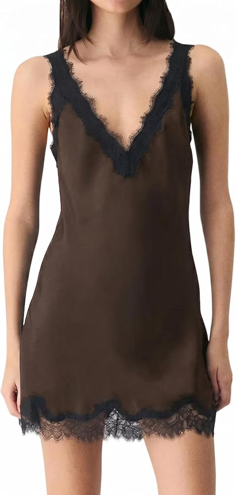 Women Sexy V Neck Lace Trim Short Tank Dress Summer Elegant Sleeveless Backless Solid Color Satin... | Amazon (US)