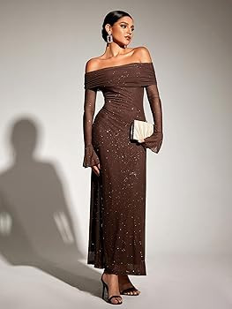 KUTUMAI Women Off Shoulder Bodycon Maxi Dress Long Sleeve Mesh Ruched Party Formal Wedding Guest ... | Amazon (US)
