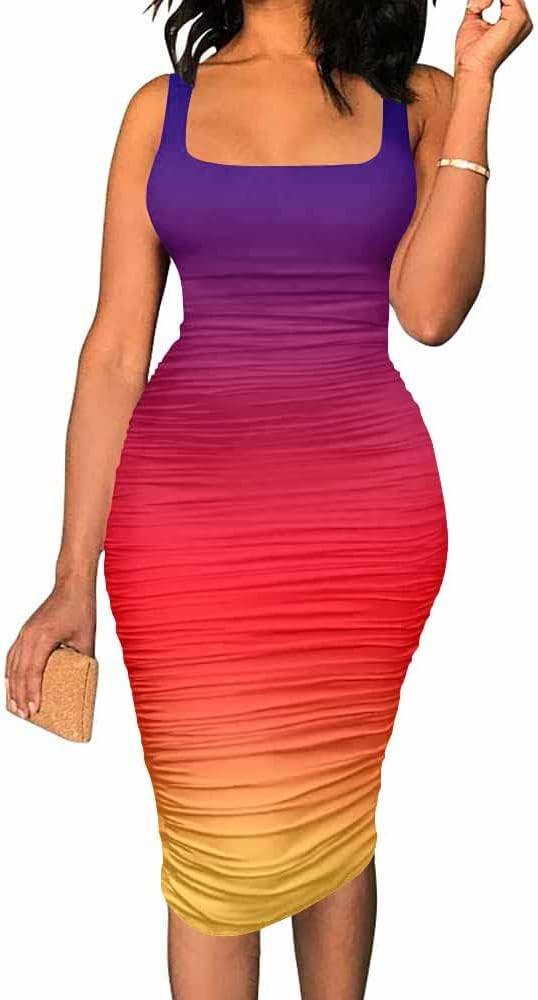 TOPSRANI Women Sexy Midi Dress Bodycon Casual Sleeveless Basic Ruched Tank Summer Club Party Dres... | Amazon (US)