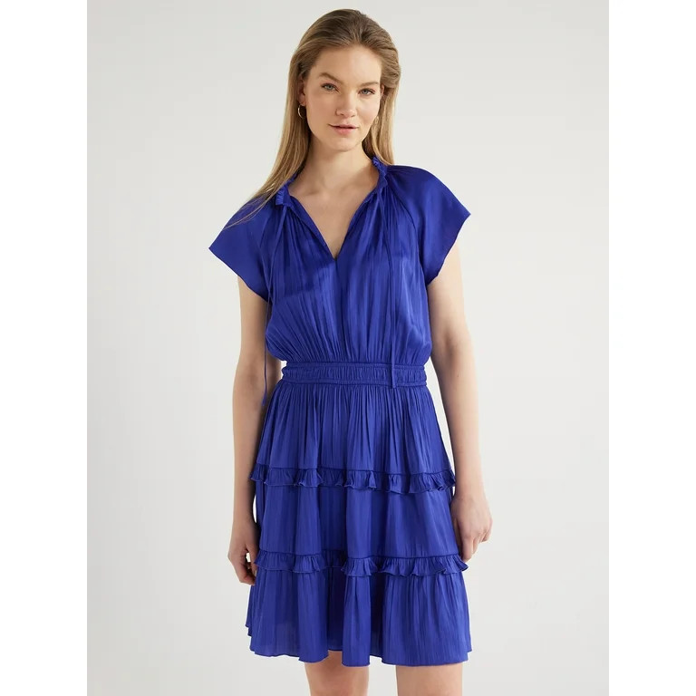 Scoop Women's Satin Mini Ruffle Dress with Cap Sleeves, Sizes XS-XXL | Walmart (US)