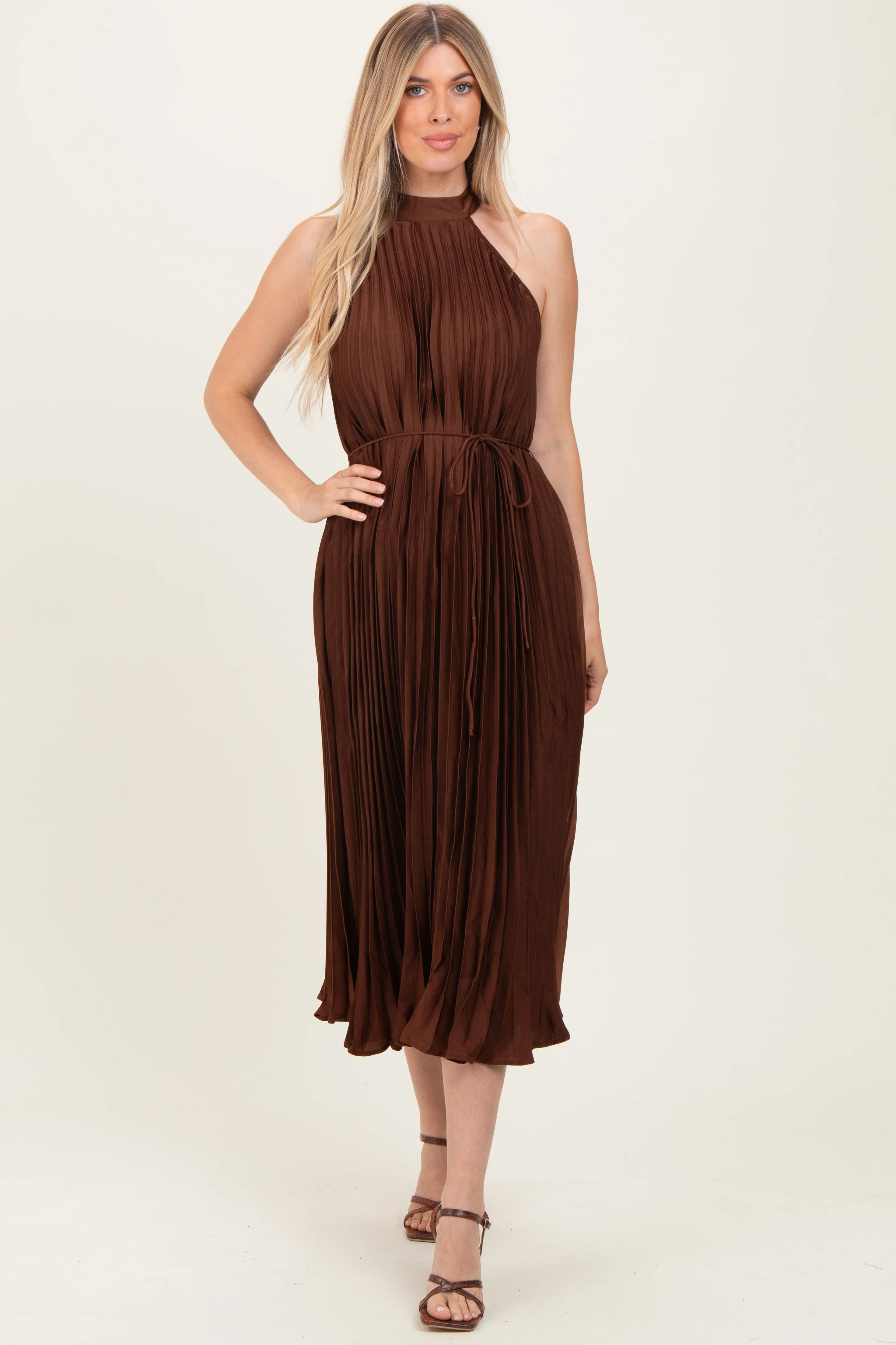 Brown Pleated Halter Dress | PinkBlush Maternity