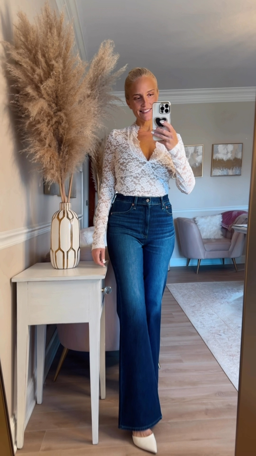 I am loving white lace right now so this long sleeve top is perfect! It would be gorgeous with a dressy skirt or pants for the holidays. I’m wearing a medium here and planning to return it for a small for a tighter fit. Also these flare jeans are  comfy and flattering and a great wash! 

#LTKOver40 #LTKStyleTip #LTKHoliday