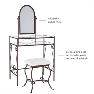 Linon Clarisse Metal & Glass Vanity & Padded Stool Set Arched Mirror in Bronze | Homesquare