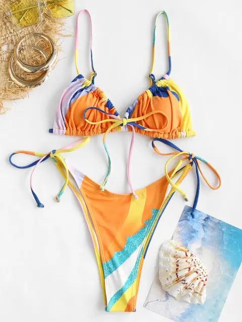 / Swimwear / Bikinis / Bikini Sets / ZAFUL Bowknot Colorblock Tie Side String Bikini Swimwear | ZAFUL (Global)