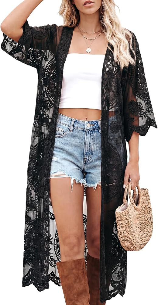 Kimonos for Women Lace Cardigan Swimsuit Cover up Summer Kimono Cardigan Open Front Sheer Long Bo... | Amazon (US)