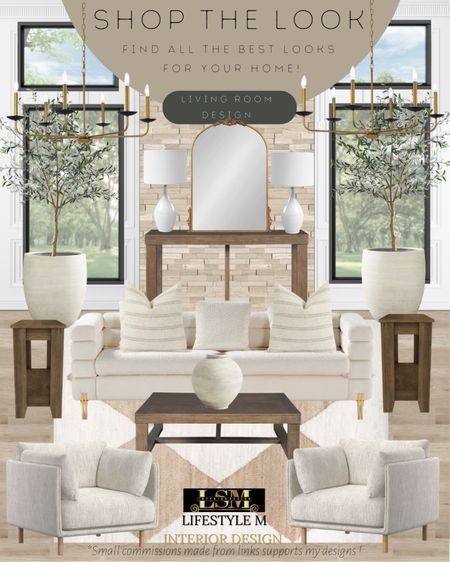 Transitional living room idea. Wood coffee table, wood end table, grey accent chair, diamond beige living room rug, white modern sofa, wood console table, white tall table lamp, brass mirror, ceramic tree planter pot, realistic fake tree, ceramic vase, throw pillows.

#LTKhome #LTKFind #LTKstyletip